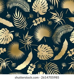 Abstract palm leaves seamless pattern. Vector gold tropical jungle texture on dark blue background. Abstract golden palm leaf silhouettes summer print for exotic wallpapers, wrapping, backdrop.