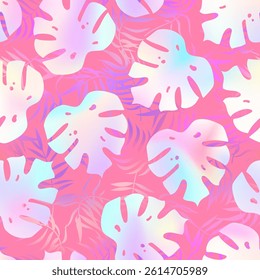 Abstract palm leaves seamless pattern. Vector holographic foil gradient tropical leaf print on pink background for fabric, summer decor, wrapping paper, backdrop, wallpapers.