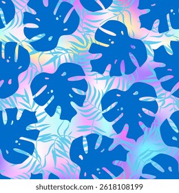 Abstract palm leaves seamless pattern. Vector blue tropical leaf print on holographic foil gradient background for fabric, summer decor, wrapping paper, backdrop, wallpapers.