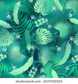 Abstract palm leaves seamless pattern. Vector green tropical jungle texture gradient background. Abstract palm leaf silhouettes summer print for exotic wallpapers, wrapping, backdrop, decoration.