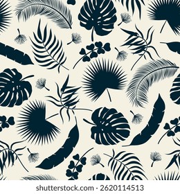 La palma Abstractas deja un patrón sin fisuras. Vector negro textura de la selva tropical sobre fondo beige. Estampado de verano de siluetas de hojas de palma oscuras Abstractas para Fondos de pantalla exóticos, envoltura, fondo.