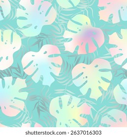 Abstract palm leaves seamless pattern. Vector holographic foil gradient tropical leaf print on turquoise background for fabric, summer decor, wrapping paper, backdrop, wallpapers.