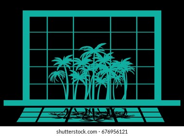 abstract palm tree and asian interior. japanese paper door and tropical garden