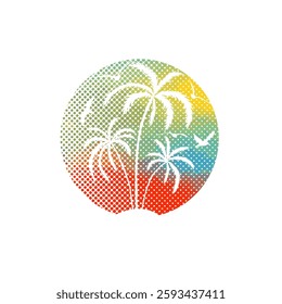 Abstract palm tree in a circle at sunset. Circle icon with tropical landscape. Paradise island. hand drawn. Not AI, Vector illustration.