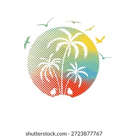 Abstractas palmera en un circulo al atardecer. Icono de círculo con paisaje tropical. Isla Paraíso. dibujado a mano. IA no, Ilustración vectorial.