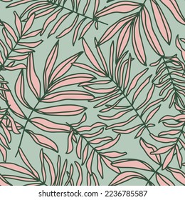 Abstract palm tree leaves seamless repeat pattern. Random placed, hand drawn vector botanical elements all over surface print.