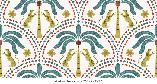 Abstract palm tree with leopard seamless pattern.