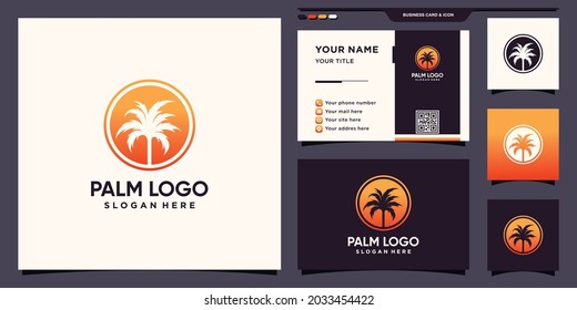 Abstract palm tree logo with circle negative space concept and business card design Premium Vector