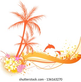 Abstract palm tree with ocean elements - seashells, starfish, dolphins in orange colors