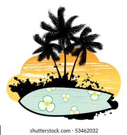 Abstract with palm trees, flowers and surfboard