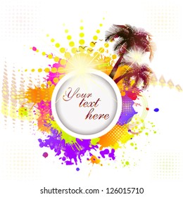 Abstract palm trees frame the sun on a bright background. vector
