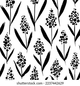 Abstract pampas grass seamless pattern. Brush drawn vector Veronica, Lupin or Wisteria flowers. Wild plants background. Botanical ornament with hand drawn branches. Vector sketch illustration