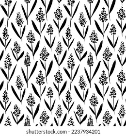 Abstract pampas grass seamless pattern. Brush drawn vector Veronica, Lupin or Wisteria flowers. Wild plants background. Botanical ornament with hand drawn branches. Vector sketch illustration