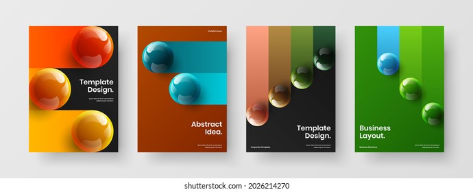 Abstract pamphlet A4 design vector template composition. Modern realistic spheres postcard illustration bundle.
