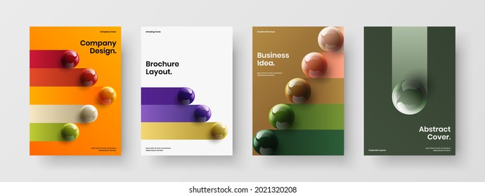 Abstract pamphlet A4 vector design illustration bundle. Fresh 3D balls annual report layout set.