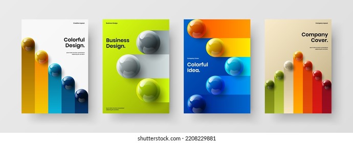 Abstract pamphlet vector design illustration collection. Minimalistic 3D spheres leaflet concept set.