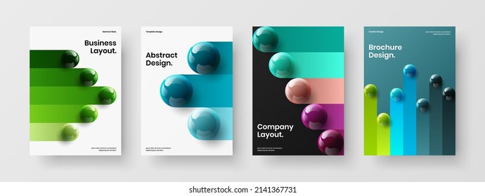 Abstract pamphlet vector design template set. Minimalistic realistic balls presentation layout collection.