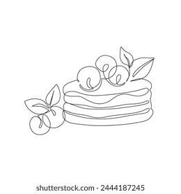 Abstract pancakes with berry fruit, mint leaves, jam topping. Sweet dessert breakfast concept. Hand drawn confectionery restaurant menu minimal design. Vector illustration isolated on white background