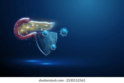 Abstrakte Bauchspeicheldrüse hinter dem futuristischen Schutzschild, angegriffen von blauen Viren. Gesundheitswesen, medizinische Behandlung und Pharmazie-Konzept. Low-Poly-Stil. Geometrischer Hintergrund. Drahtgitter-Technologie. Vektor.