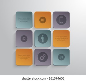 Abstract panel with plasticr banners and icons for business design, infographics, reports, number options, step presentation, websites or workflow layout. Clean and modern style