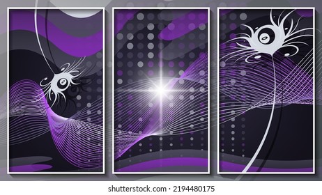 Panel abstracto en tonos morados. Tres imágenes en marcos finos blancos. Un hermoso panel para decoración interior, diseños corporativos, blogs, postales, afiches y tus otros proyectos. Vector.
