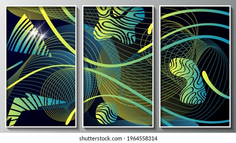 abstract panel of three images in white frames.overlapping blue yellow stripes and abstract striped shapes, intertwining lines, highlights on black background. vector 