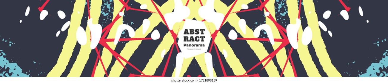 Abstract panorama illustration. Colorful lines, spots, constellations and polygons. Decorative symmetric wallpaper, backdrop. Hand drawn texture, decor elements and shapes. Eps10 vector.