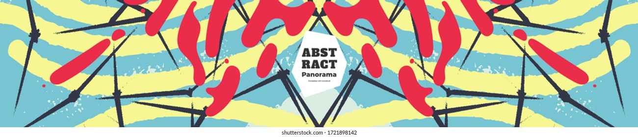 Abstract panorama illustration. Colorful lines, spots, constellations and polygons. Decorative symmetric wallpaper, backdrop. Hand drawn texture, decor elements and shapes. Eps10 vector.