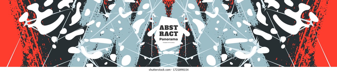 Abstract panorama illustration. Colorful lines, spots, constellations and polygons. Decorative symmetric wallpaper, backdrop. Hand drawn texture, decor elements and shapes. Eps10 vector.