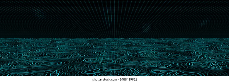 Abstract Panoramic Black and Blue Geometric Pattern with Stripes. Spotted Futuristic Background. Vector. 3D Illustration