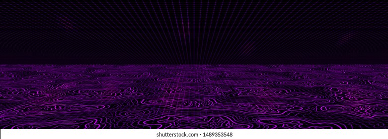 Abstract Panoramic Black and Purple Geometric Pattern with Stripes. Spotted Futuristic Background. Vector. 3D Illustration