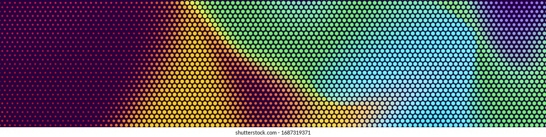 Abstract panoramic colorful halftone wide background. Panorama, Modern gradient Multicolor Backdrop with dots. Dotted soft lines pattern. Vector illustration.