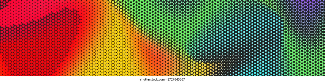 Abstract panoramic colorful halftone wide background. Panorama, Modern gradient Multicolor Backdrop with dots. Dotted soft lines pattern. Vector illustration.