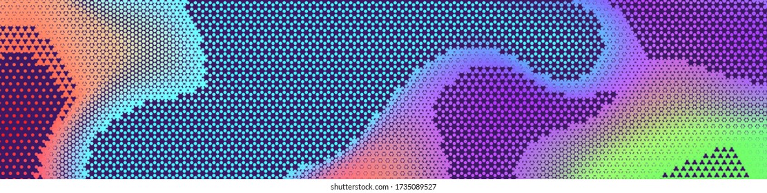 Abstract panoramic colorful halftone wide background. Panorama, Modern gradient Multicolor Backdrop with dots. Dotted soft lines pattern. Vector illustration.