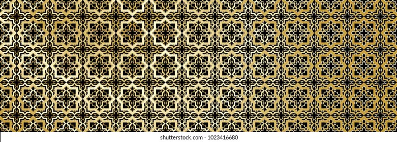 Abstract Panoramic Golden Geometric Pattern with Intersecting Polygons. Wicker Structural Texture in Arabic Style. Arabesque. Optical Psychedelic Illusion. Vector Illustration