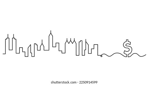Resumen del paisaje panorámico con el dólar como líneas continuas dibujando en blanco. Vector