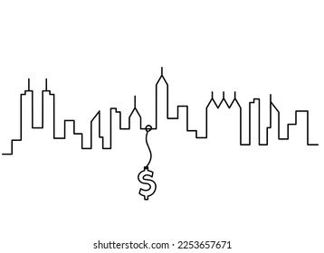 Abstract panoramic landscape with dollar as continuous lines drawing on white. Vector