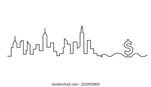 Abstract panoramic landscape with dollar as continuous lines drawing on white. Vector