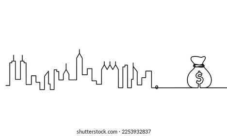 Abstract panoramic landscape with dollar as continuous lines drawing on white. Vector