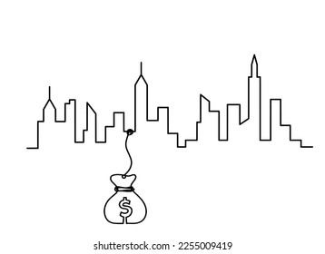 Resumen del paisaje panorámico con el dólar como líneas continuas dibujando en blanco. Vector