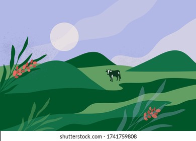 Resumen del paisaje panorámico de valle verde, colinas, flores y cielo azul. Ilustración vectorial de naturaleza al aire libre. Escena rural con vacas en pradera, campos de granjeros, tierras agrícolas. Fondo del campo