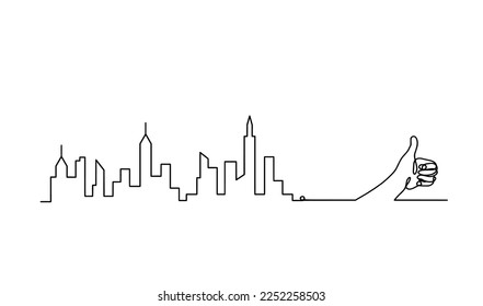 Abstract panoramic landscape with hand as continuous lines drawing on white. Vector