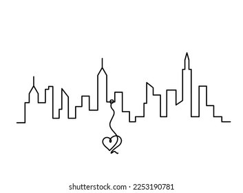 Abstract panoramic landscape with heart as continuous lines drawing on white. Vector