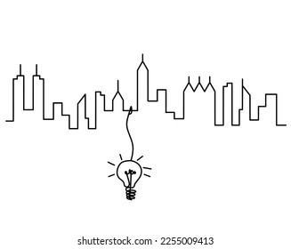 Abstract panoramic landscape with light bulb as continuous lines drawing on white. Vector