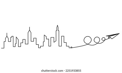 Abstract panoramic landscape with paper plane as continuous lines drawing on white. Vector