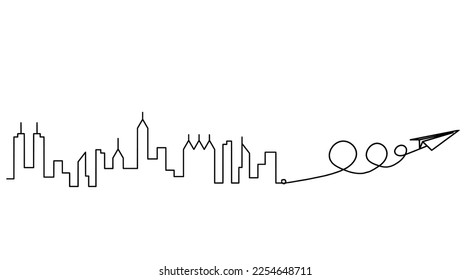 Abstract panoramic landscape with paper plane as continuous lines drawing on white. Vector