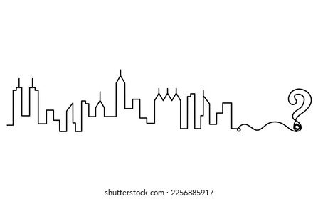 Abstract panoramic landscape with question mark as continuous lines drawing on white. Vector