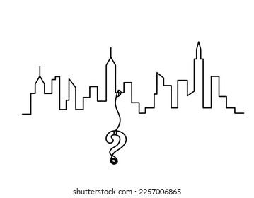 Resumen de paisaje panorámico con signo de interrogación como líneas continuas dibujando sobre blanco. Vector