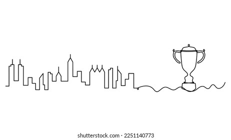 Abstract panoramic landscape with trophy as continuous lines drawing on white. Vector