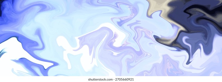 Abstractas textura de mármol líquido panorámico con suaves remolinos de azul claro, blanco y arrugas en un diseño fluido y de ensueño.